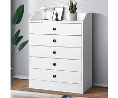 VOWNER Cassettiera, Cassettiera Camera da Letto, Comodini Camera da Letto, Comodino Camera da Letto, Cassettiera Ufficio Bianca con 5 Cassetti, per Soggiorno, Camera da Letto (60 x 30 x 80 cm)