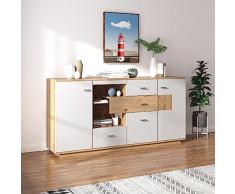 Sweiko Cassettiera moderna con 2 ante e 4 cassetti, credenza bianca con ripiani in vetro, maniglie dorate, cassettiera in legno, multiuso, per corridoio, camera da letto, soggiorno, bagno