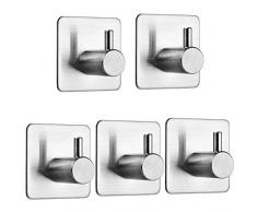 Auxmir 5PZ Ganci Adesivi, Ganci Appendiabiti in Acciaio Inox, Appendini Adesivi, Impermeabile Rimovibile senza Tracce per Bagno Cucina, Argento