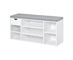 homcom Panca Scarpiera Salvaspazio in Legno con Cuscino e Mensole Regolabili per 10 Scarpe, 101x29x47.5cm, Bianco Grigio