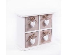 DiKasa CASSETTIERA Mini Shabby Legno 4 CASSETTI Cuori CM 24X10H22