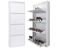BAKAJI Scarpiera Salvaspazio Slim Portascarpe in Metallo con 4 Ante Ripiani a Ribalta Porta Scarpe Dimensioni Compatte 140 x 50 x 14 cm già Montata Fissaggio a Muro (Bianco)