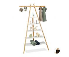 Relaxdays Scaffale a 5 Ripiani, da Bagno, Corridoio & Salotto, bambù & MDF, Mobile, 7 Ganci, 160x90x38 cm, Bianco