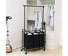 SONGMICS Carrello Lavanderia con Appendiabiti con Cesto Triplo Rimovibile Portabiancheria Telaio Metallico Nero LSF003R