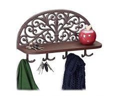 Relaxdays, Marrone Appendiabiti da Parete con Mensola, Design Antico, 4 Ganci Doppi, Portaoggetti, Ghisa, 23x39x11,5 cm, colata, Legno, 1 pz