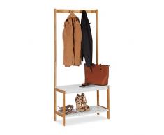 Relaxdays Appendiabiti con Scaffale per Scarpe con 4 Ganci in Bambù e MDF, HxLxP: 150x70,5x30 cm, Legno Naturale-Bianco