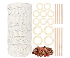 CHALA 0.3cm*10m Set Corda Cotone Naturale,Bastone in Legno Anello in Legno Perline di Legno Naturale Utilizzato per Arazzi Artigianali,Appendiabiti per Piante
