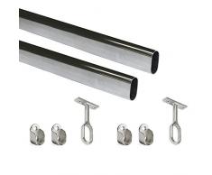 Emuca - Kit di asta appendiabiti ovale da armadio 1150mm e supporti, finitura cromata, Set di 2