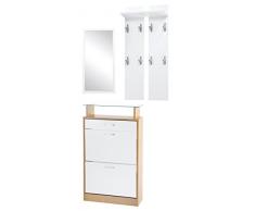 ts-ideen Set di 3 pezzi Guardaroba Scarpiera Mobile per le scarpe in bianco Specchio con effetto legno di faggio Armadio con cassetti e scaffale in vetro