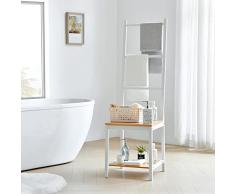 [en.casa] Servomuto con Seduta Appendiabiti (AxLxP) 133 x 40 x 42 cm Indossatore da Camera Portasciugamano con Ripiani Mobile da Bagno in Bambù - Bianco/Effetto Legno