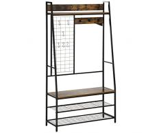 homcom Appendiabiti da Terra con Scarpiera e Panca, Attaccapanni per Ingresso in Stile Industriale in Legno e Acciaio, 98x36x185cm, Marrone