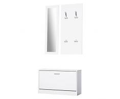 homcom Set 3 Pezzi Scarpiera Appendiabiti Specchio per Ingresso o Camera da Letto, in Legno, 80x27x46.5cm, Bianco