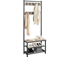 Yaheetech Appendiabiti a 3 Ripiani con Scarpiera Vintage, Attaccapanni Portabiti in Legno Altezza 185 cm, Appendiabiti Autoportante Salotto Grigio