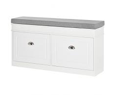 homcom Panca Scarpiera Salvaspazio in Legno con Cuscino, 2 Cassetti con Mensola Regolabile per 8 Scarpe, 104x24x55cm, Bianco