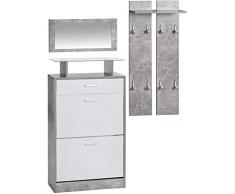 ts-ideen Parete attrezzata da Ingresso Stile Moderno Scarpiera Salvaspazio Due comparti ad Anta Basculante con Specchio e Appendiabiti. Grigio Cemento e Bianco