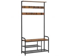 VASAGLE Appendiabiti con Panca Scarpiera, Attaccapanni con 9 Ganci Rimovibili, Mensola Superiore, per Soggiorno, Entrata, Camera da Letto, Appartamento, Industriale, Marrone Vintage e Nero HSR409B01