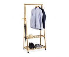 Relaxdays 10020269 Appendiabiti in bambù, da Terra, con Rotelle, 2 Mensole per Scarpe, Asta, HLP: 166x84x45 cm, Marrone Chiaro, Legno, 45x84x166 cm