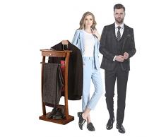 Qcesorib Servomuto Tutto in Legno Massello, Appendiabiti in Legno, Servo Muto per Abiti e Pantaloni, Omini Attaccapanni, con Appendiabiti a Spalla Larga Curva e Cassetti, Colore Noce