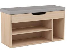 sogesfurniture Scarpiera Panca Scarpiera da Ingresso, Scarpe ripiano Cuscino cassapanca Organizer con 3 Scomparti Aperti e Un Cassetto, Portascarpe salvaspazio in Legno, M018-GY-BH