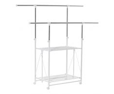 homcom Stender Appendiabiti e Stendibiancheria Estensibile, 2 Ripiani, Altezza Regolabile e Ruote, 88-157x50x95-160cm, Bianco