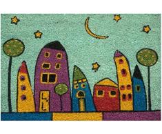 Baroni Home Zerbino da Esterno in Cocco con Base in PVC Dipinto a Mano Raffigurante Villaggio Notte 60X40X2 cm. Facile da Pulire e Ultraresistente