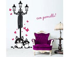 00739 Adesivi murali ''Lampione gatti e farfalle appendiabiti'' - Stickers adesivi - 82x170 cm - Fucsia, nero - Decorazione parete, adesivi per muro, carta da parati