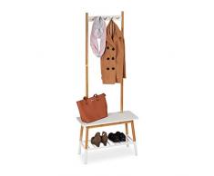 Relaxdays Appendiabiti in Bambù, Design scandinavo, Attaccapanni da Terra con Panchina, 170x70x30 cm, Bianco/Naturale