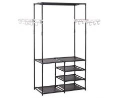 WOLTU Stand Appendiabiti con Ganci e Scarpiera 4 Ripiani Attaccapanni Guardaroba Scaffale Porta Abiti in Tubi dAcciaio Nero SR0028