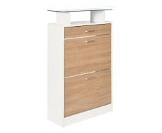 ts-ideen Scarpiera Salvaspazio 104 x 60 cm in Bianco ed effetto rovere stile moderno con due scomparti ad anta basculante mensola superiore in vetro e con cassetto