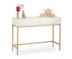 Relaxdays, 80 x 110 x 40 cm, bianco/oro Tavolo Consolle, 2 Cassetti, Mobile Stretto Corridoio e Soggiorno, Effetto Legno, HLP 80x110x40 cm, fibra 50% acciaio, 1 pz