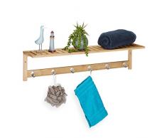 Relaxdays Portasciugamani con Mensola, 6 Ganci, Bagno & Corridoio, Appendiabiti, bambù, 18 x 75 x 16 cm, Legno Naturale, Metallo, 1 pz