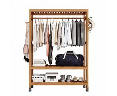 WPPTNSFY Stand Appendiabiti Legno con Doppio Ripiano Portaoggetti e 4 Ganci, Appendiabiti in bambù con Ruote, Carico Massimo è di 100 kg, per Camera da Letto Ingresso L:80/100CM