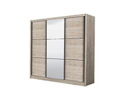 Armadio guardaroba 3 ante scorrevoli una con specchio, struttura quercia, 242x60x215 cm