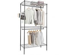 amzdeal Appendiabiti, Appendiabiti a 3 Strati, con 3 Ripiani Regolabili, 2 Barre Appese, Ganci su Entrambi i Lati, Guardaroba, Armadio Multiuso in Metallo, 90x45x170cm, Carico Totale 60 kg