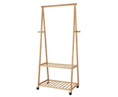 HOMFA Stand Appendiabiti in Bambù con 2 Ripiani Scarpiera con Ruote, Stender Scaffale Attaccapanni in Legno Carico 50kg, Organizzatore Guardaroba Armadio Casa