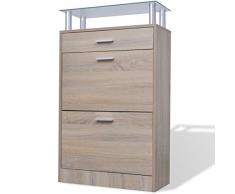 Goliraya Scarpiera con Cassetto e Mensola Vetro sopra in Legno Bianco/Rovere,Portascarpe Ingresso Moderno 63 x 24 x 104 cm