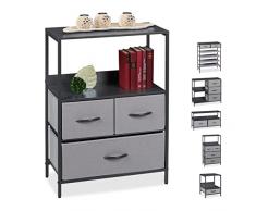 Relaxdays Mobiletto, 3 Cassetti, 2 Ripiani, Corridoio Soggiorno, MDF, Stoffa, Acciaio, HLP 82 x 58 x 30 cm, Grigio, Pannelli, Tessuto, Design A-Mobile Alto