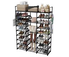 Scarpiera con 9 ripiani, portascarpe fai da te in metallo, 50-55 paia di scarpe, scarpiera con ganci per soggiorno, spogliatoio e corridoio, colore: nero