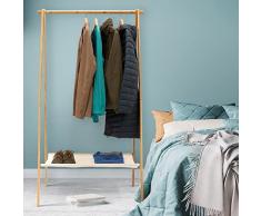 ECD Germany Appendiabiti In Bambù Con Ripiano In Tessuto Bianco Naturale 156x79 cm Stand In Legno Massiccio Attaccapanni A Piantana Pieghevole Porta Abiti con Asta e Scarpiera Armadio Aperto Entrata