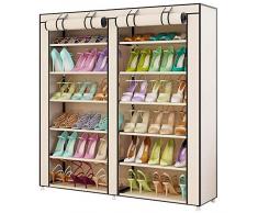 BAKAJI Scarpiera Armadio Salvaspazio 7 Ripiani 115x30x110cm Fino a 36 Paia di Scarpe Struttura Acciaio e Rivestimento in Tessuto TNT Impermeabile con Chiusura Zip Antipolvere (Beige)