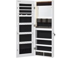 SONGMICS Specchio Portagioie con Luci LED, Specchiera Porta Gioielli da Muro o Porta a Figura Intera senza Cornice, Armadietto Portagioielli, Specchio Interno, 2 Cassetti, Serratura, Bianco JJC013W01