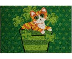 Zerbino da Esterno in Cocco con Base in PVC Dipinto a Mano Raffigurante Gatto Sfondo Verde 60X40X2 cm. Facile da Pulire e Ultraresistente