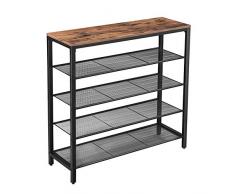 VASAGLE Scarpiera, Scaffale Portascarpe con 4 Ripiani in Rete e Un Piano per Borse, Organizzatore per Corridoio Salotto Armadio, in Stile Industriale, Marrone Vintage e Nero LBS15BX