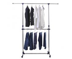 Songmics Appendiabiti Attaccapanni Porta Abiti a rotelle con ruote in acciaio altezza larghezza regolabile Stand Stender 2 Aste, tubo rivestito di acciaio inox LLR41L