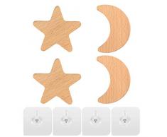 Gancio da parete per bambini, Attaccapanni, Appendiabiti a Parete Legno Ganci, Pomello in Legno a Forma di Stella Luna Set 4 Pezzi