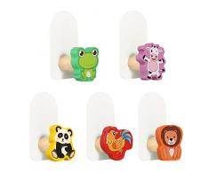 AOROPS Ganci adesivi per bambini, 5 pezzi, ganci adesivi per bambini, autoadesivi, senza forature, appendiabiti per bambini, in legno, per cameretta dei bambini