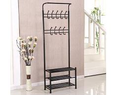 Yaheetech Appendiabiti Attaccapanni da Ingresso a Terra in Ferro con Scarpiera a 3 Ripiani Salvaspazio 69,5 x 32,5 x 187,5 cm Nero