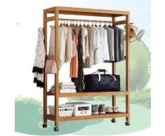 Qcesorib Appendiabiti da Terra per Ingresso in Legno Portabiti con 4 Ruote Portabiti in bambù Attaccapanni da Terra Gancio Lateral per Camera da Letto, Ufficio, Cappotto, Cappello