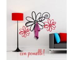 00372 Adesivo murale con ganci per appendiabiti Wall Art - Margherite appendiabiti 2 - Misure 120x85 cm - nero e rosso - Decorazione parete, adesivi per muro, carta da parati