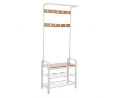 VASAGLE Guardaroba Stile Moderno, Appendiabiti da Terra, Attaccapanni 3 Ripiani e 9 Ganci Rimovibili, Scarpiera, Panca, Mobile Ingresso Corridoio, Struttura in Ferro, Bianco HSR40W